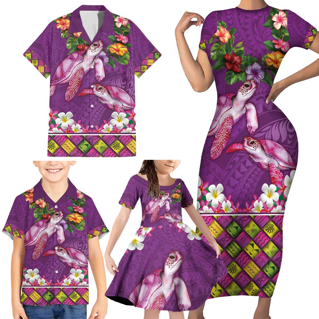Hawaiian Lei Turtle and Plumeria Family Matching Short Sleeve Bodycon Dress and Hawaiian Shirt Polynerian Art Tattoo-Mauve Color LT03 - Polynesian Pride