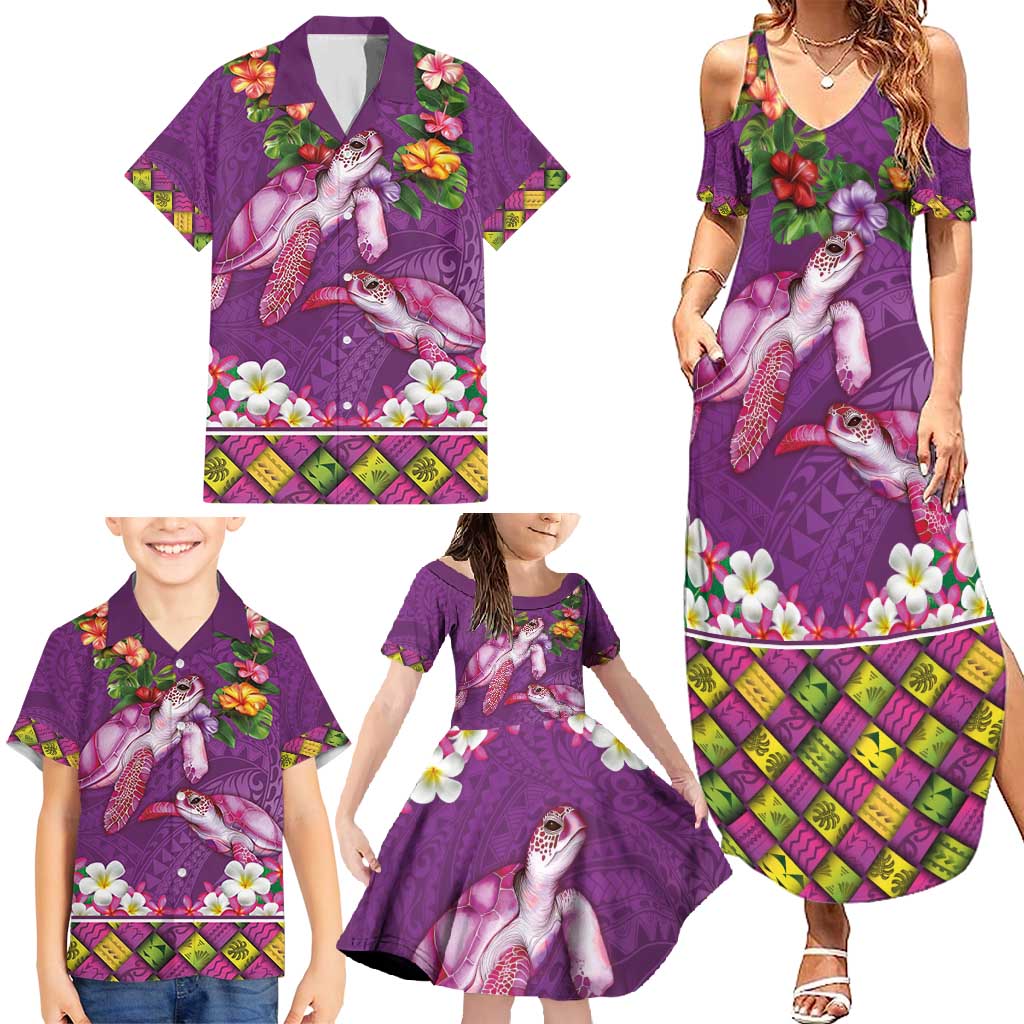 Hawaiian Lei Turtle and Plumeria Family Matching Summer Maxi Dress and Hawaiian Shirt Polynerian Art Tattoo-Mauve Color LT03 - Polynesian Pride