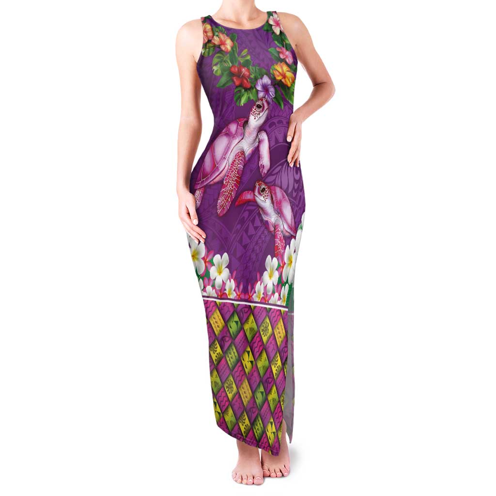 Hawaiian Lei Turtle and Plumeria Family Matching Tank Maxi Dress and Hawaiian Shirt Polynerian Art Tattoo-Mauve Color LT03 Mom's Dress Purple - Polynesian Pride