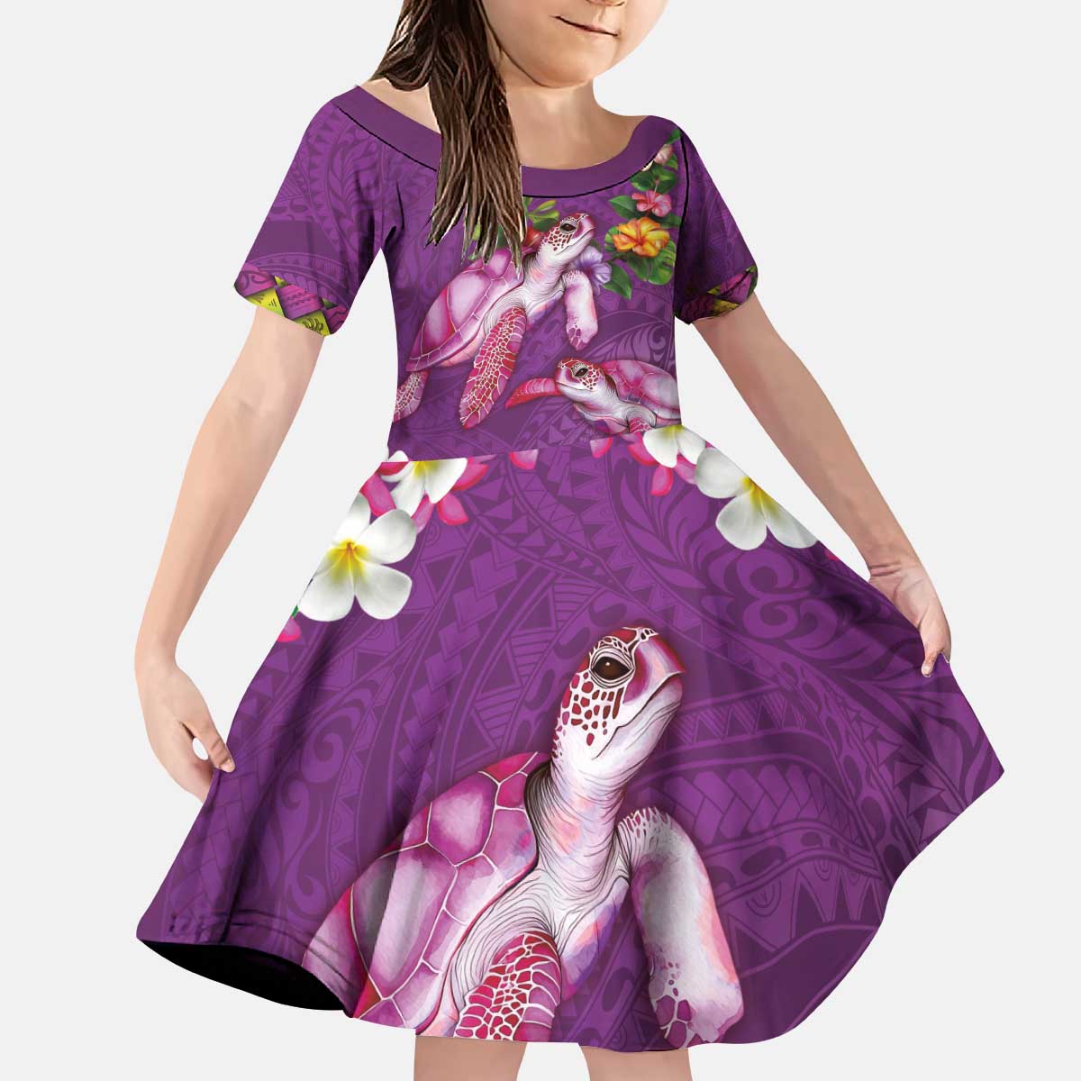 Hawaiian Lei Turtle and Plumeria Kid Short Sleeve Dress Polynerian Art Tattoo-Mauve Color