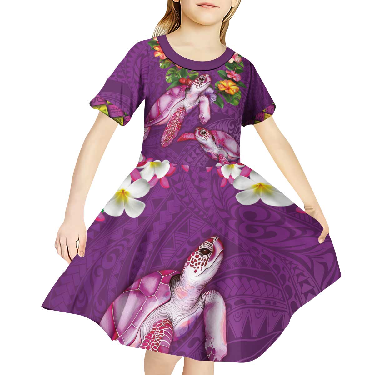 Hawaiian Lei Turtle and Plumeria Kid Short Sleeve Dress Polynerian Art Tattoo-Mauve Color LT03 - Polynesian Pride