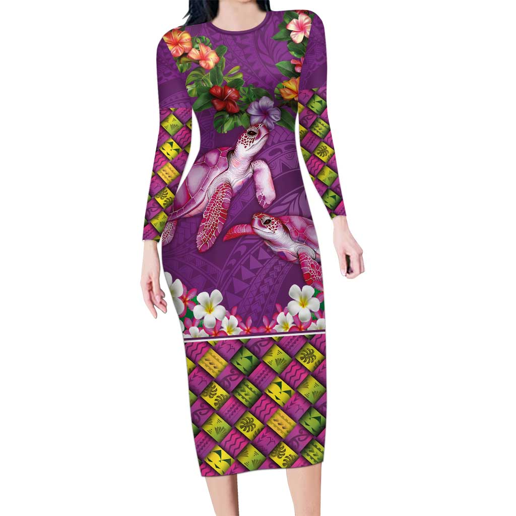 Hawaiian Lei Turtle and Plumeria Long Sleeve Bodycon Dress Polynerian Art Tattoo-Mauve Color LT03 Long Dress Purple - Polynesian Pride