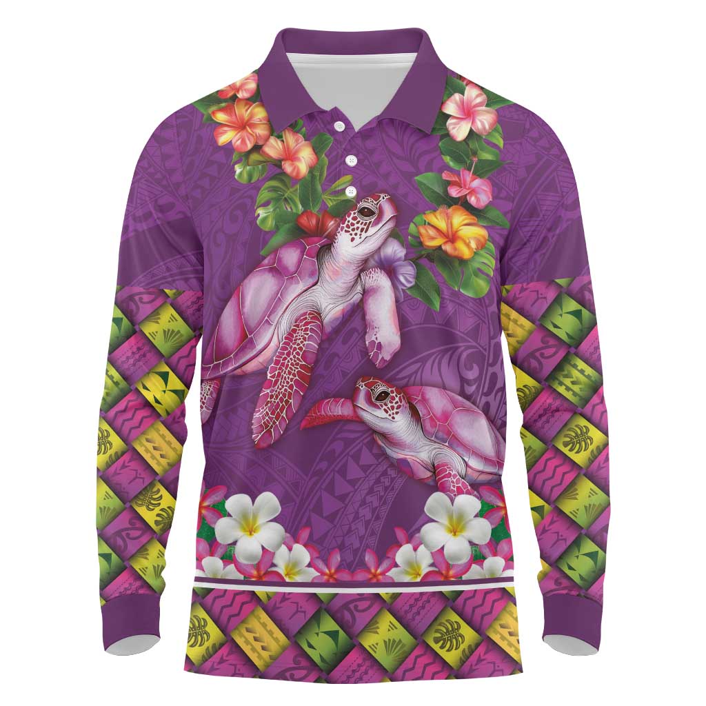 Hawaiian Lei Turtle and Plumeria Long Sleeve Polo Shirt Polynerian Art Tattoo-Mauve Color LT03 Purple - Polynesian Pride