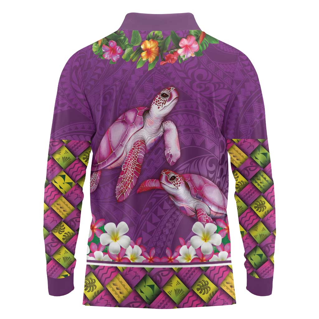 Hawaiian Lei Turtle and Plumeria Long Sleeve Polo Shirt Polynerian Art Tattoo-Mauve Color LT03 - Polynesian Pride