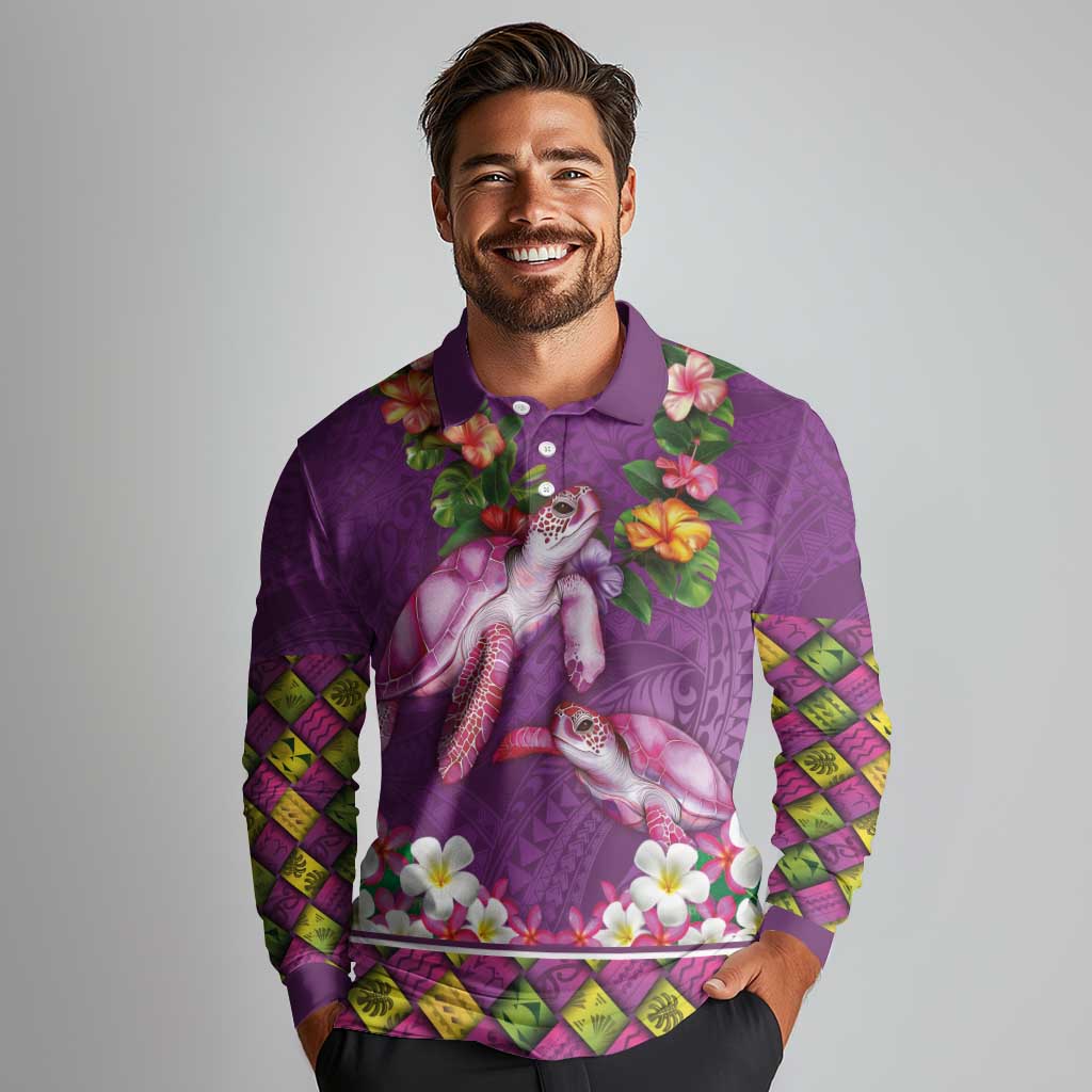 Hawaiian Lei Turtle and Plumeria Long Sleeve Polo Shirt Polynerian Art Tattoo-Mauve Color LT03 - Polynesian Pride