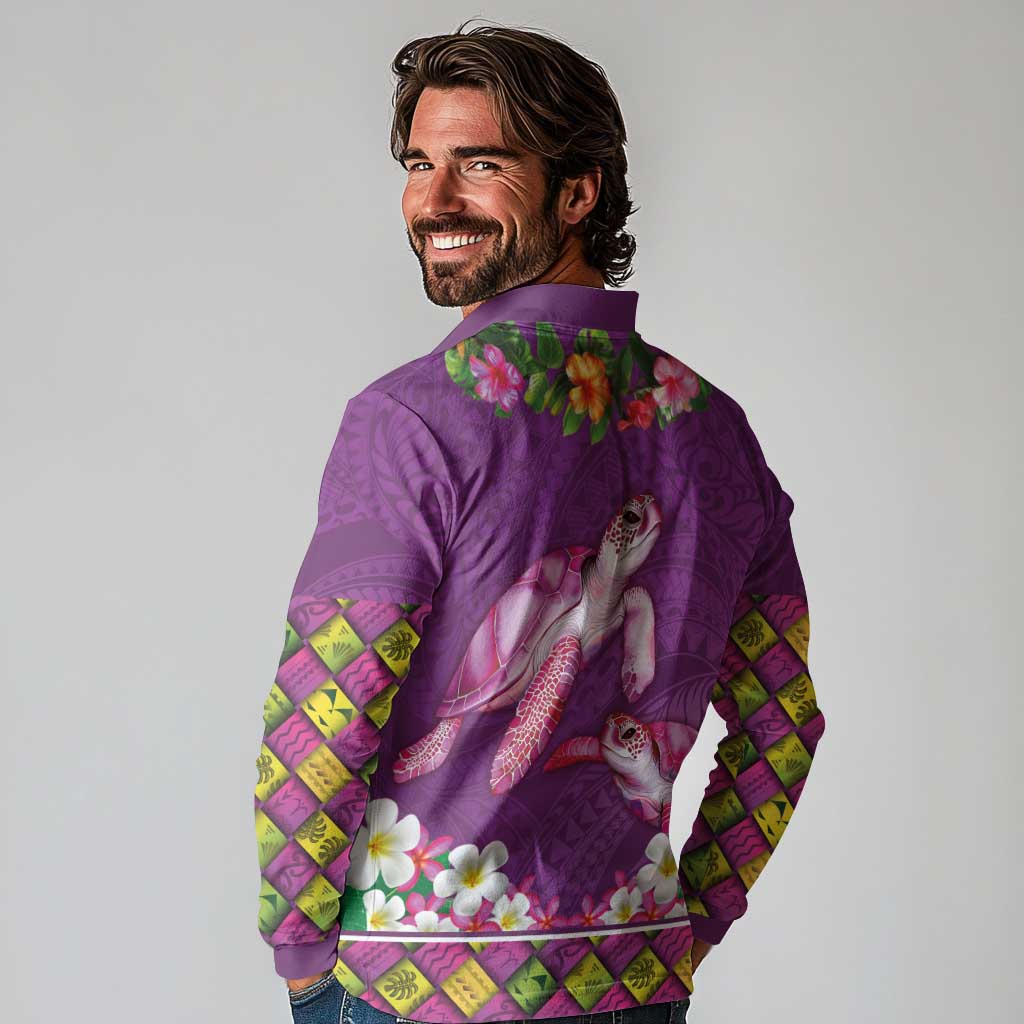 Hawaiian Lei Turtle and Plumeria Long Sleeve Polo Shirt Polynerian Art Tattoo-Mauve Color LT03 - Polynesian Pride