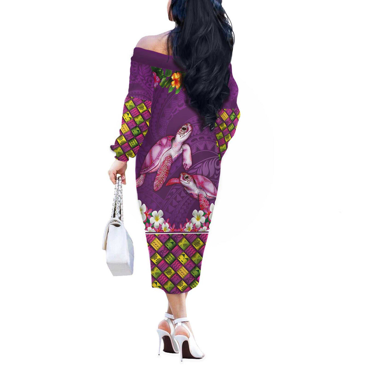 Hawaiian Lei Turtle and Plumeria Off The Shoulder Long Sleeve Dress Polynerian Art Tattoo-Mauve Color LT03 - Polynesian Pride