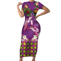 Hawaiian Lei Turtle and Plumeria Short Sleeve Bodycon Dress Polynerian Art Tattoo-Mauve Color LT03 Long Dress Purple - Polynesian Pride