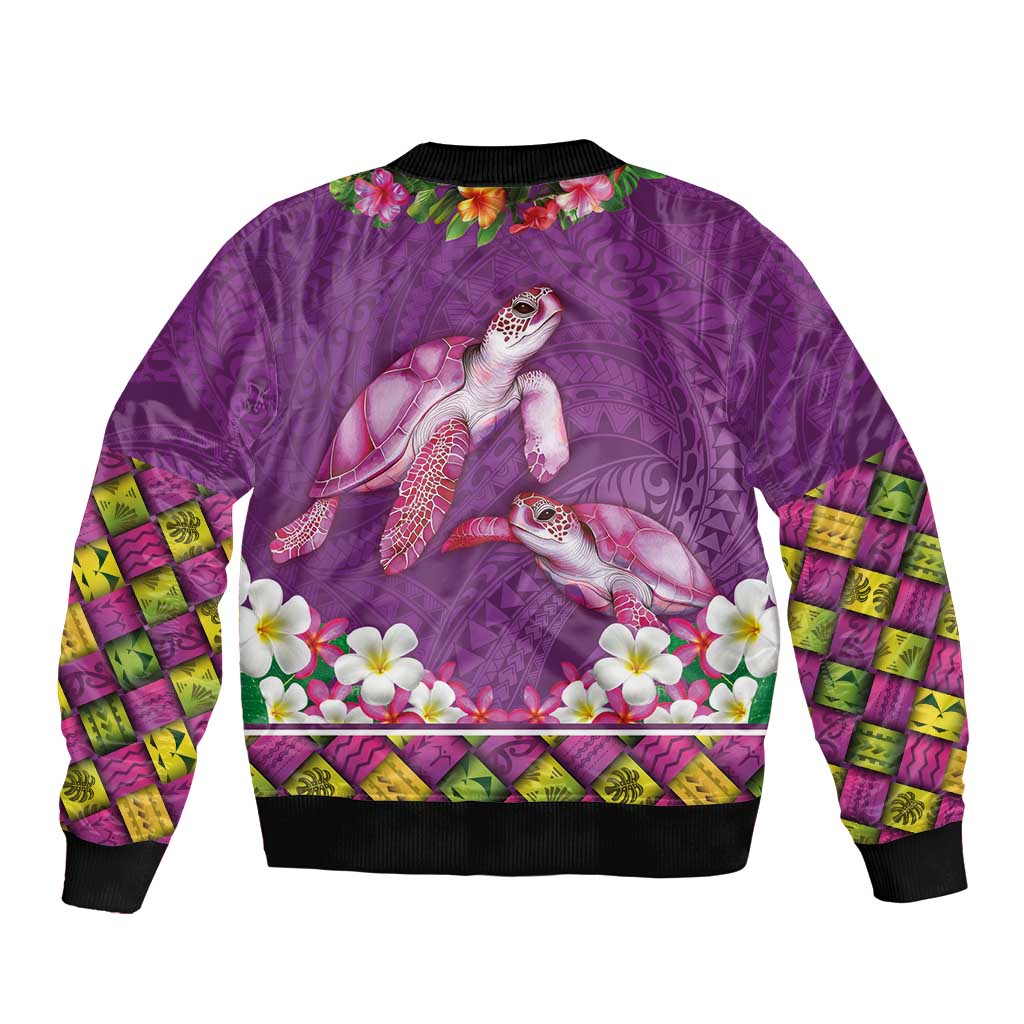 Hawaiian Lei Turtle and Plumeria Sleeve Zip Bomber Jacket Polynerian Art Tattoo-Mauve Color