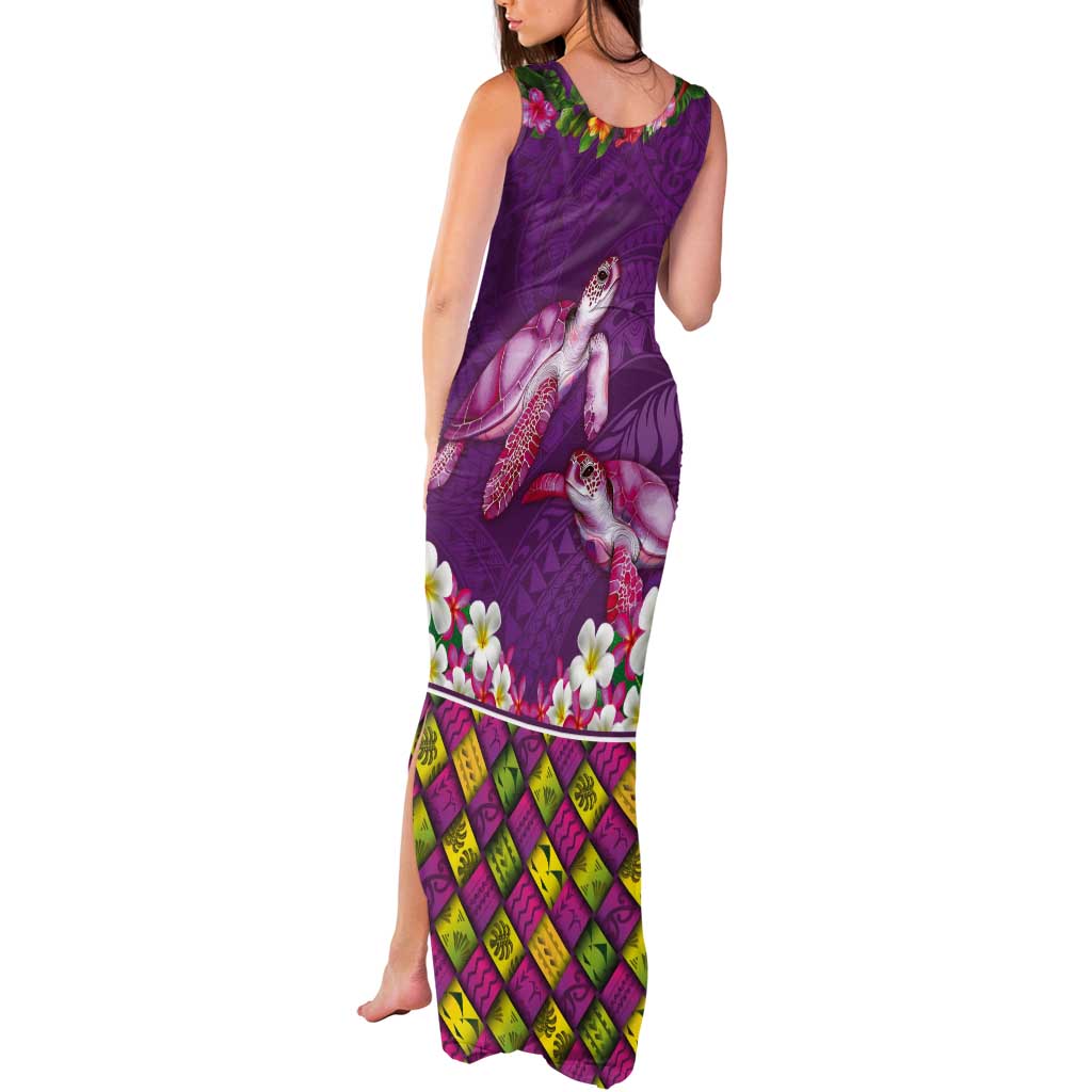 Hawaiian Lei Turtle and Plumeria Tank Maxi Dress Polynerian Art Tattoo-Mauve Color LT03 - Polynesian Pride