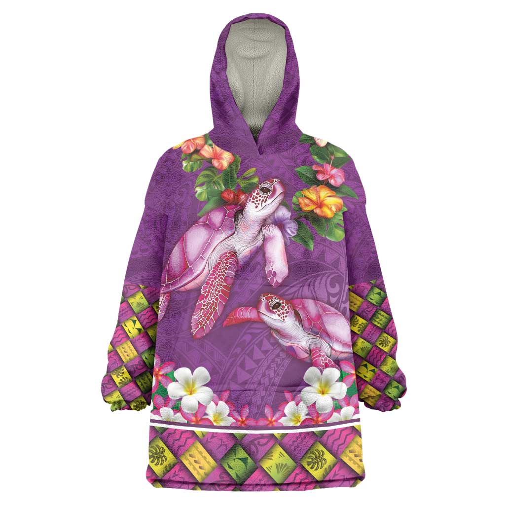 Hawaiian Lei Turtle and Plumeria Wearable Blanket Hoodie Polynerian Art Tattoo-Mauve Color LT03 One Size Purple - Polynesian Pride