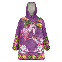 Hawaiian Lei Turtle and Plumeria Wearable Blanket Hoodie Polynerian Art Tattoo-Mauve Color LT03 One Size Purple - Polynesian Pride