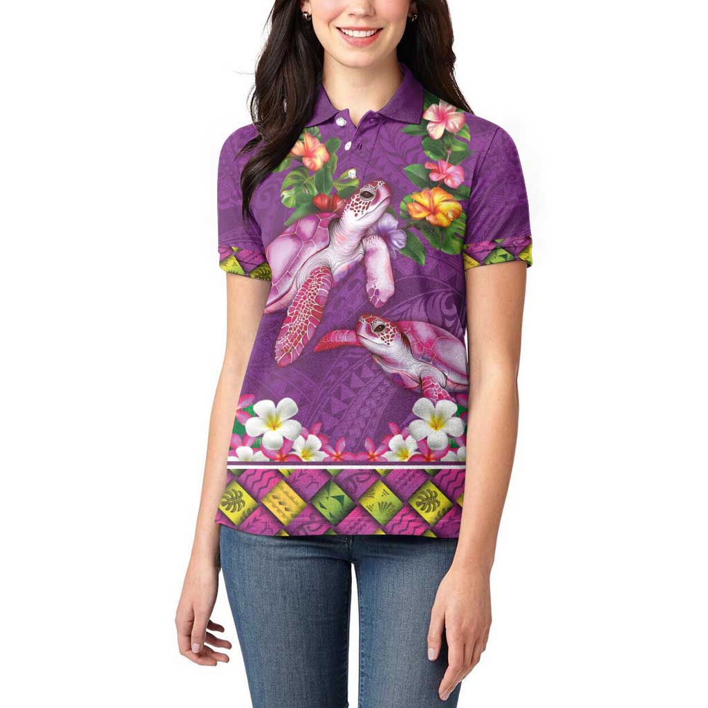 Hawaiian Lei Turtle and Plumeria Women Polo Shirt Polynerian Art Tattoo-Mauve Color LT03 - Polynesian Pride