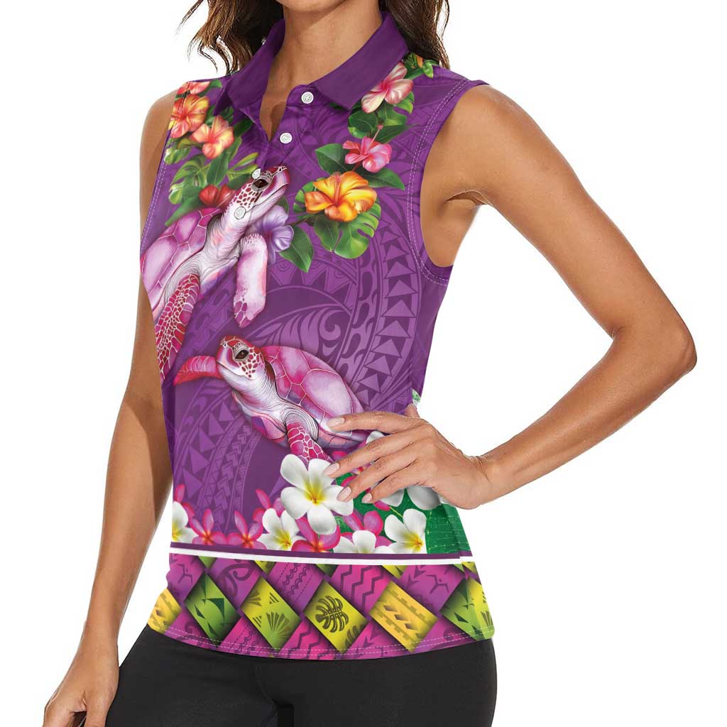 Hawaiian Lei Turtle and Plumeria Women Sleeveless Polo Shirt Polynerian Art Tattoo-Mauve Color LT03 - Polynesian Pride