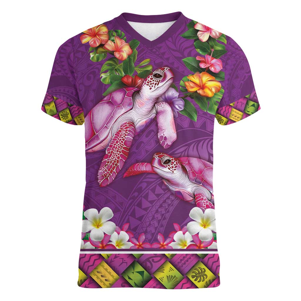 Hawaiian Lei Turtle and Plumeria Women V-Neck T-Shirt Polynerian Art Tattoo-Mauve Color LT03 Female Purple - Polynesian Pride