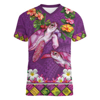 Hawaiian Lei Turtle and Plumeria Women V-Neck T-Shirt Polynerian Art Tattoo-Mauve Color LT03 Female Purple - Polynesian Pride