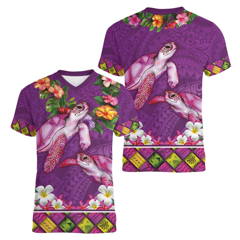 Hawaiian Lei Turtle and Plumeria Women V-Neck T-Shirt Polynerian Art Tattoo-Mauve Color LT03 - Polynesian Pride