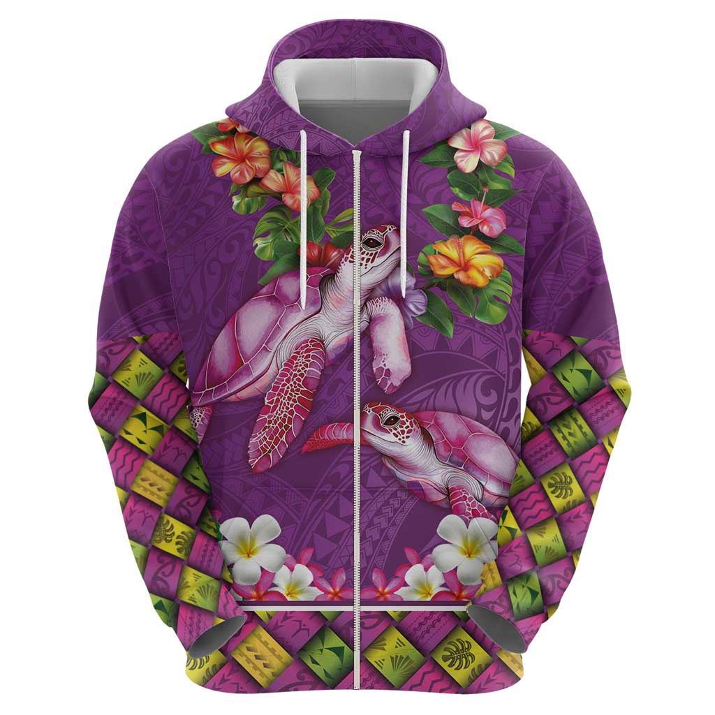 Hawaiian Lei Turtle and Plumeria Zip Hoodie Polynerian Art Tattoo-Mauve Color LT03 - Polynesian Pride