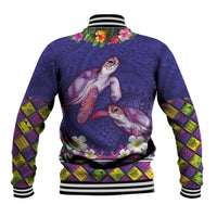 Hawaiian Lei Turtle and Plumeria Baseball Jacket Polynerian Art Tattoo-Navy Color