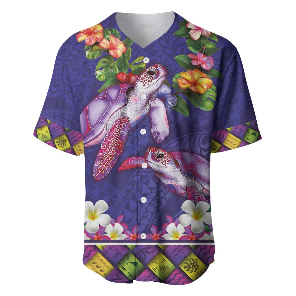 Hawaiian Lei Turtle and Plumeria Baseball Jersey Polynerian Art Tattoo-Navy Color