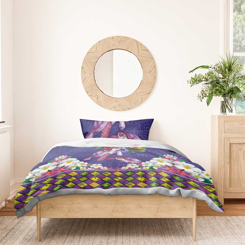 Hawaiian Lei Turtle and Plumeria Bedding Set Polynerian Art Tattoo-Navy Color
