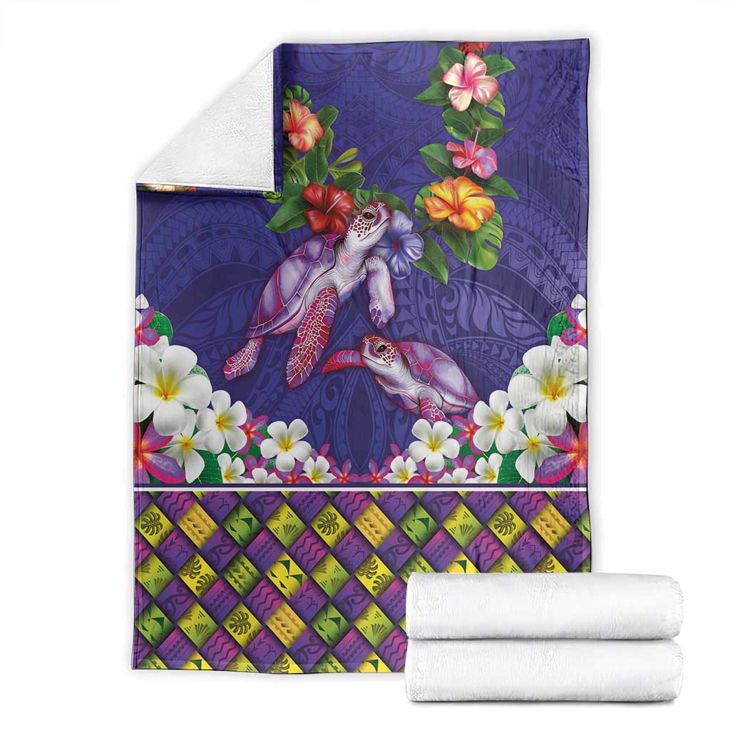 Hawaiian Lei Turtle and Plumeria Blanket Polynerian Art Tattoo-Navy Color