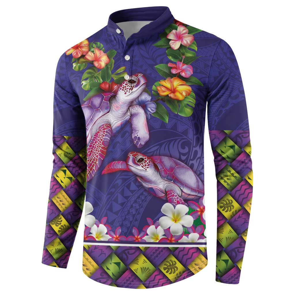 Hawaiian Lei Turtle and Plumeria Button Sweatshirt Polynerian Art Tattoo-Navy Color