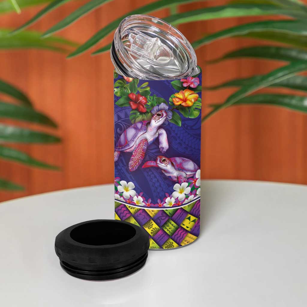Hawaiian Lei Turtle and Plumeria 4 in 1 Can Cooler Tumbler Polynerian Art Tattoo-Navy Color LT03 - Polynesian Pride