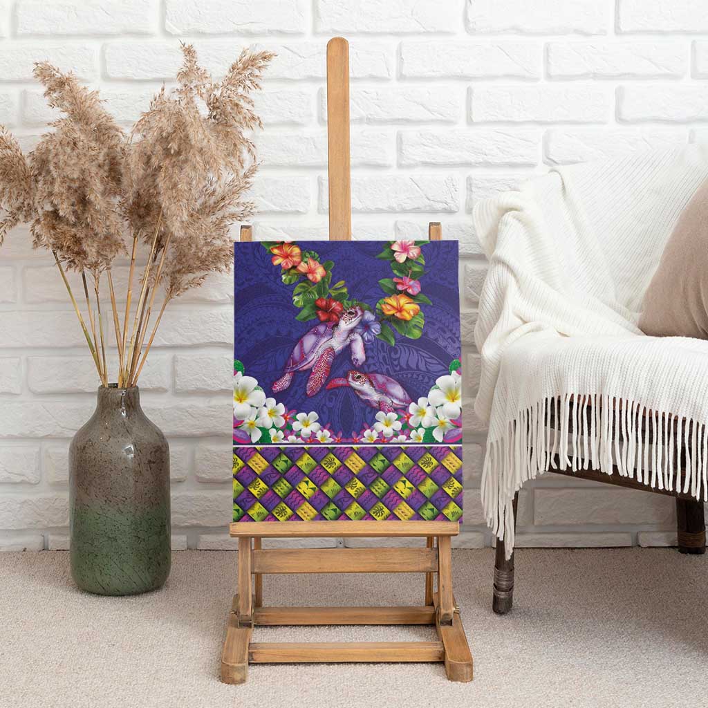 Hawaiian Lei Turtle and Plumeria Canvas Wall Art Polynerian Art Tattoo-Navy Color