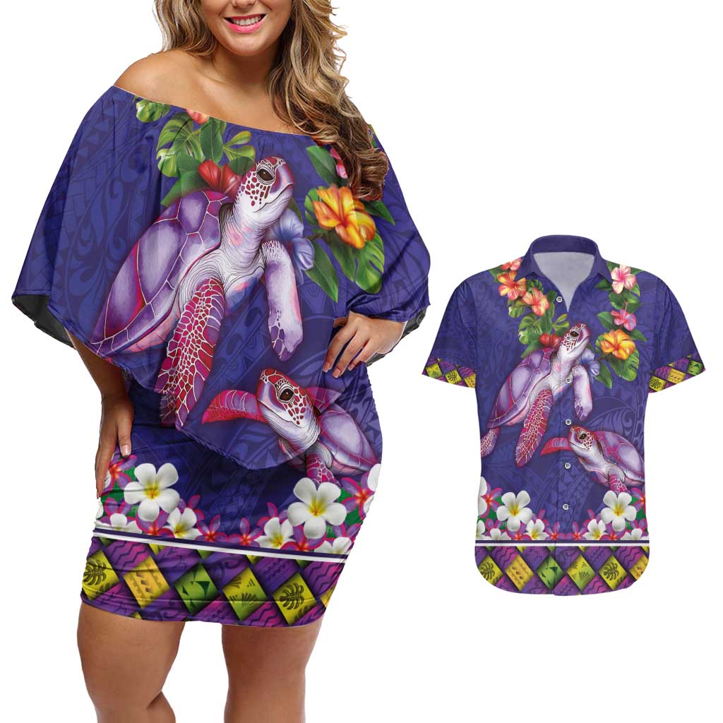 Hawaiian Lei Turtle and Plumeria Couples Matching Off Shoulder Short Dress and Hawaiian Shirt Polynerian Art Tattoo-Navy Color LT03 Navy - Polynesian Pride