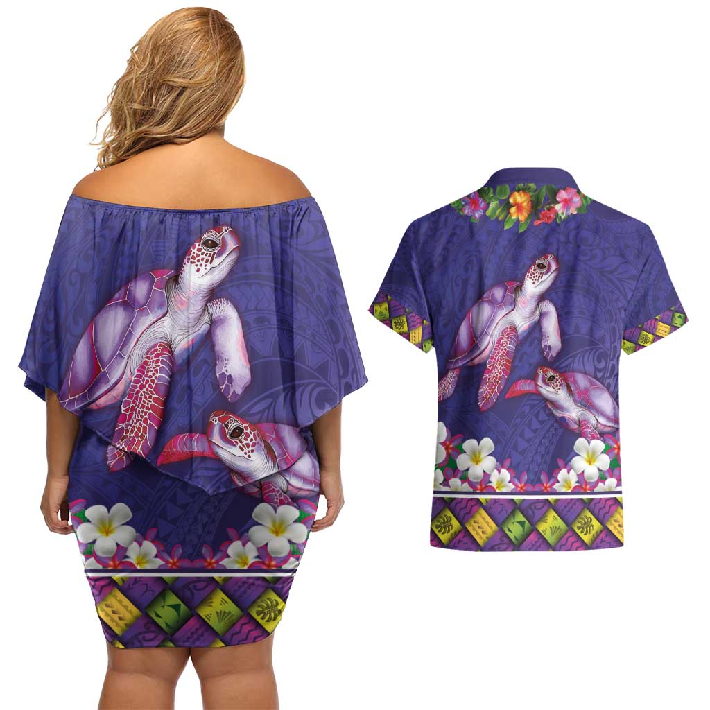 Hawaiian Lei Turtle and Plumeria Couples Matching Off Shoulder Short Dress and Hawaiian Shirt Polynerian Art Tattoo-Navy Color LT03 - Polynesian Pride