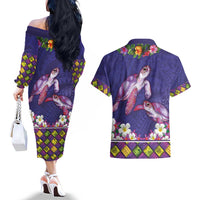 Hawaiian Lei Turtle and Plumeria Couples Matching Off The Shoulder Long Sleeve Dress and Hawaiian Shirt Polynerian Art Tattoo-Navy Color LT03 - Polynesian Pride