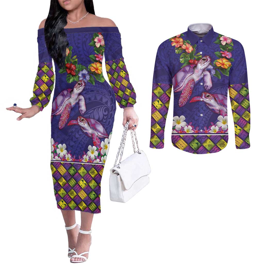 Hawaiian Lei Turtle and Plumeria Couples Matching Off The Shoulder Long Sleeve Dress and Long Sleeve Button Shirt Polynerian Art Tattoo-Navy Color