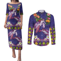 Hawaiian Lei Turtle and Plumeria Couples Matching Puletasi and Long Sleeve Button Shirt Polynerian Art Tattoo-Navy Color LT03 Navy - Polynesian Pride