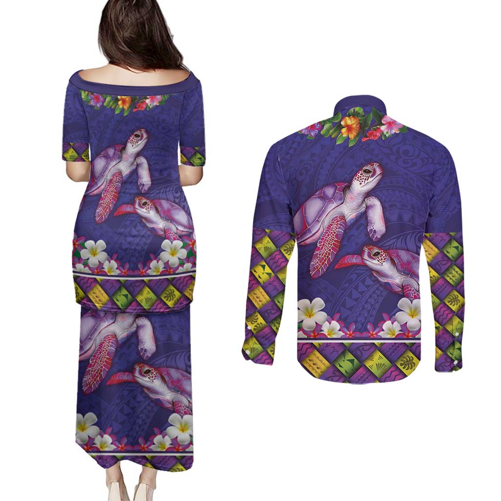 Hawaiian Lei Turtle and Plumeria Couples Matching Puletasi and Long Sleeve Button Shirt Polynerian Art Tattoo-Navy Color LT03 - Polynesian Pride