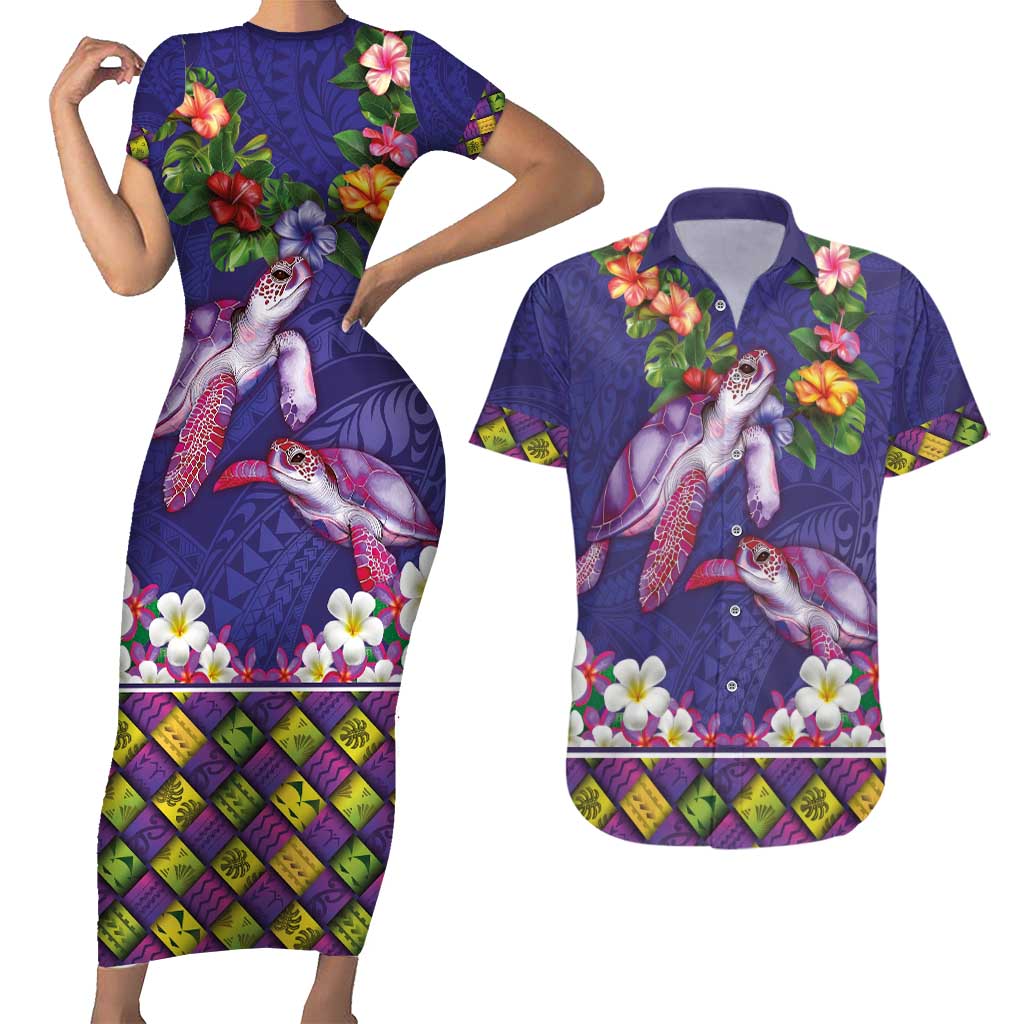 Hawaiian Lei Turtle and Plumeria Couples Matching Short Sleeve Bodycon Dress and Hawaiian Shirt Polynerian Art Tattoo-Navy Color LT03 Navy - Polynesian Pride