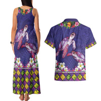 Hawaiian Lei Turtle and Plumeria Couples Matching Tank Maxi Dress and Hawaiian Shirt Polynerian Art Tattoo-Navy Color LT03 - Polynesian Pride