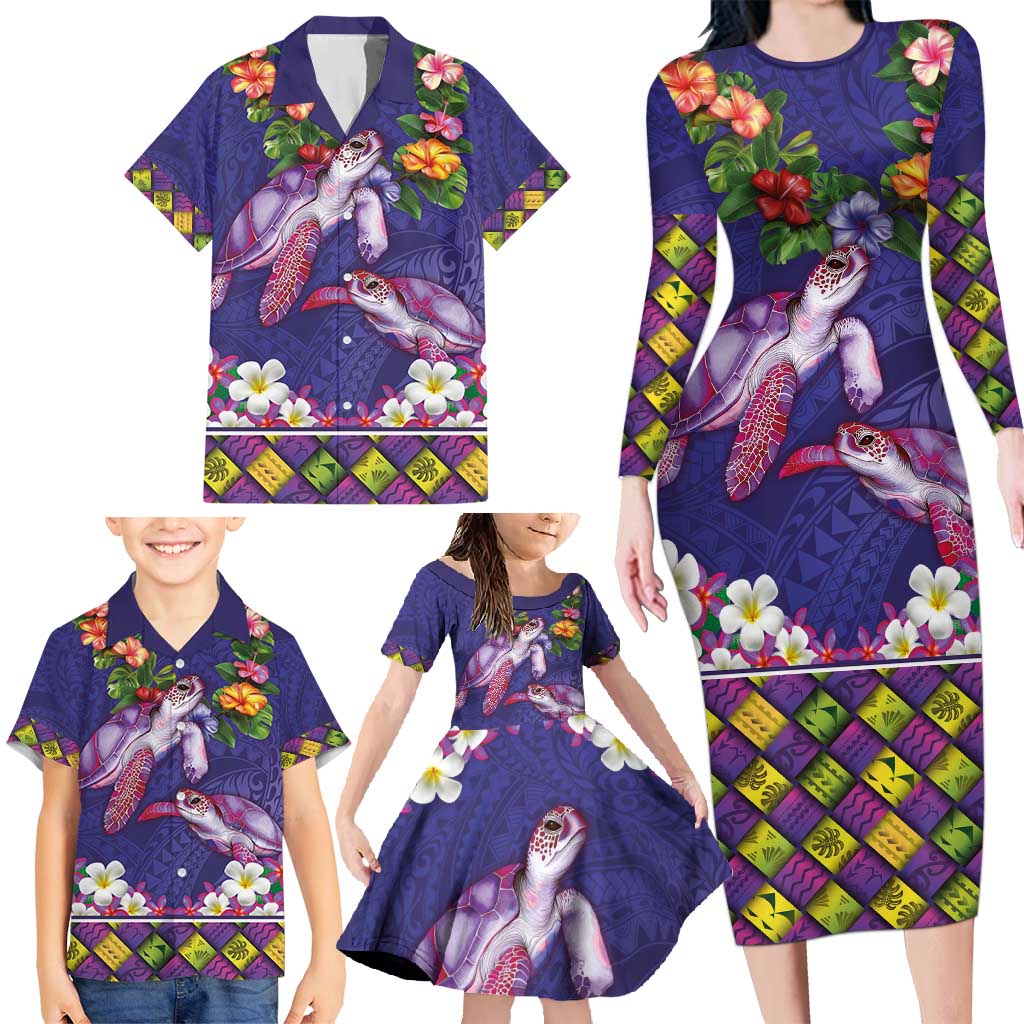 Hawaiian Lei Turtle and Plumeria Family Matching Long Sleeve Bodycon Dress and Hawaiian Shirt Polynerian Art Tattoo-Navy Color