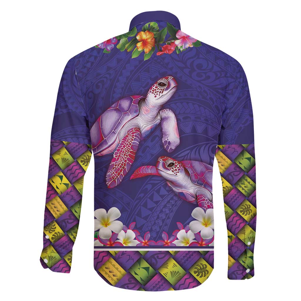 Hawaiian Lei Turtle and Plumeria Family Matching Long Sleeve Bodycon Dress and Hawaiian Shirt Polynerian Art Tattoo-Navy Color