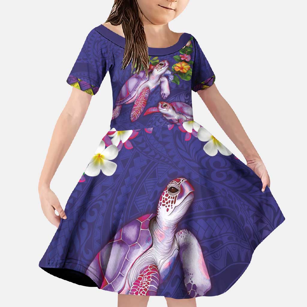 Hawaiian Lei Turtle and Plumeria Family Matching Mermaid Dress and Hawaiian Shirt Polynerian Art Tattoo-Navy Color LT03 Daughter's Dress Navy - Polynesian Pride