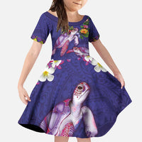 Hawaiian Lei Turtle and Plumeria Family Matching Mermaid Dress and Hawaiian Shirt Polynerian Art Tattoo-Navy Color LT03 Daughter's Dress Navy - Polynesian Pride