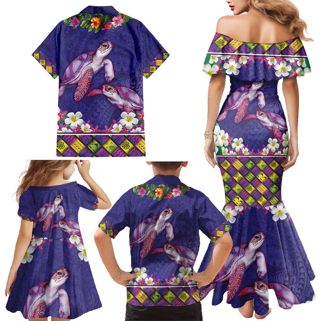 Hawaiian Lei Turtle and Plumeria Family Matching Mermaid Dress and Hawaiian Shirt Polynerian Art Tattoo-Navy Color LT03 - Polynesian Pride