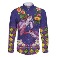 Hawaiian Lei Turtle and Plumeria Family Matching Mermaid Dress and Hawaiian Shirt Polynerian Art Tattoo-Navy Color LT03 Dad's Shirt - Long Sleeve Navy - Polynesian Pride