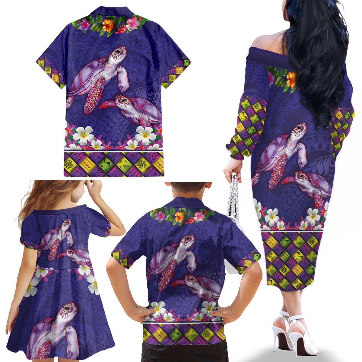 Hawaiian Lei Turtle and Plumeria Family Matching Off The Shoulder Long Sleeve Dress and Hawaiian Shirt Polynerian Art Tattoo-Navy Color