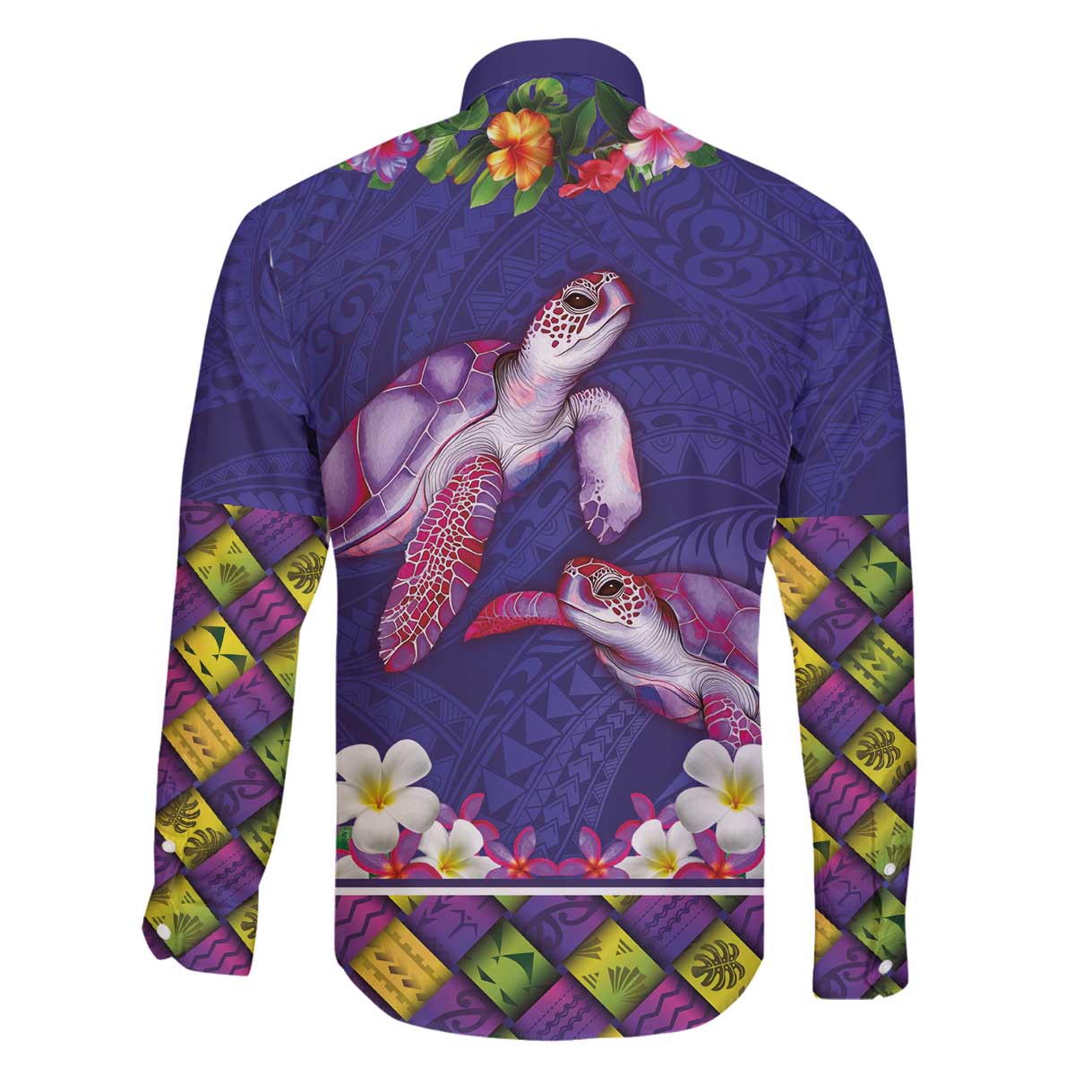 Hawaiian Lei Turtle and Plumeria Family Matching Off The Shoulder Long Sleeve Dress and Hawaiian Shirt Polynerian Art Tattoo-Navy Color