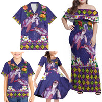Hawaiian Lei Turtle and Plumeria Family Matching Off Shoulder Maxi Dress and Hawaiian Shirt Polynerian Art Tattoo-Navy Color LT03 - Polynesian Pride