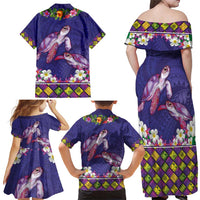 Hawaiian Lei Turtle and Plumeria Family Matching Off Shoulder Maxi Dress and Hawaiian Shirt Polynerian Art Tattoo-Navy Color LT03 - Polynesian Pride