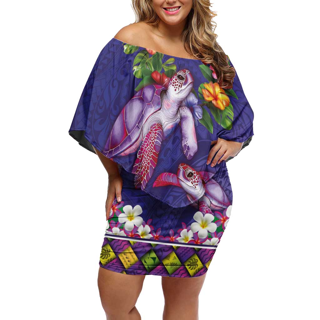 Hawaiian Lei Turtle and Plumeria Family Matching Off Shoulder Short Dress and Hawaiian Shirt Polynerian Art Tattoo-Navy Color