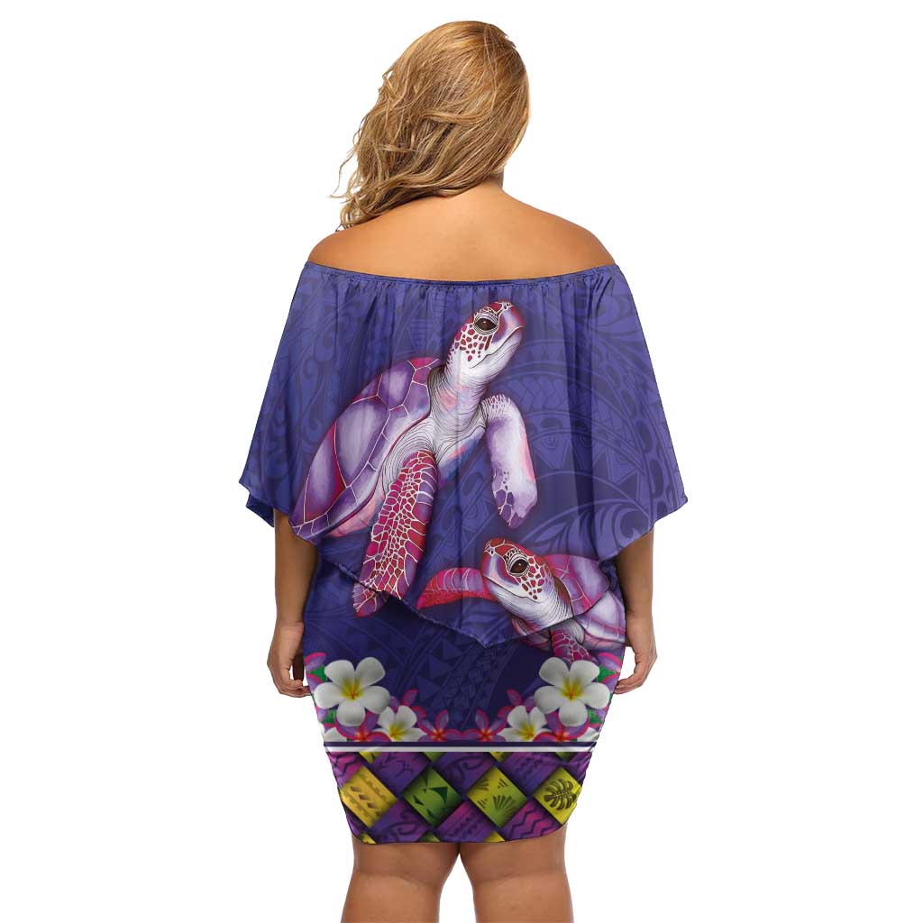 Hawaiian Lei Turtle and Plumeria Family Matching Off Shoulder Short Dress and Hawaiian Shirt Polynerian Art Tattoo-Navy Color