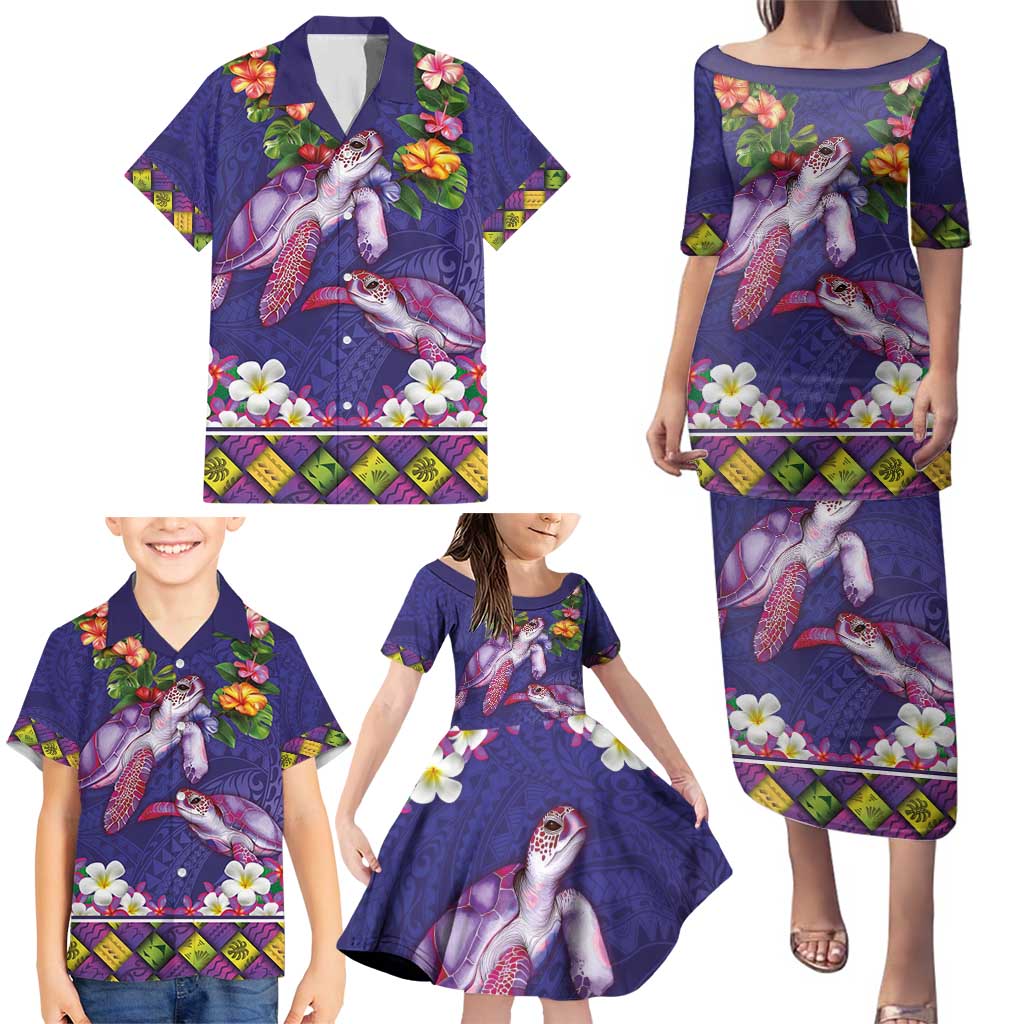 Hawaiian Lei Turtle and Plumeria Family Matching Puletasi and Hawaiian Shirt Polynerian Art Tattoo-Navy Color LT03 - Polynesian Pride